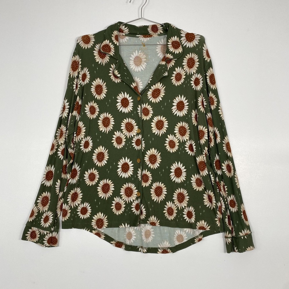 KIKI+LULU Pajama Top Womens XL Green Sunflower Print Bamboo‎ Button Up Lounge